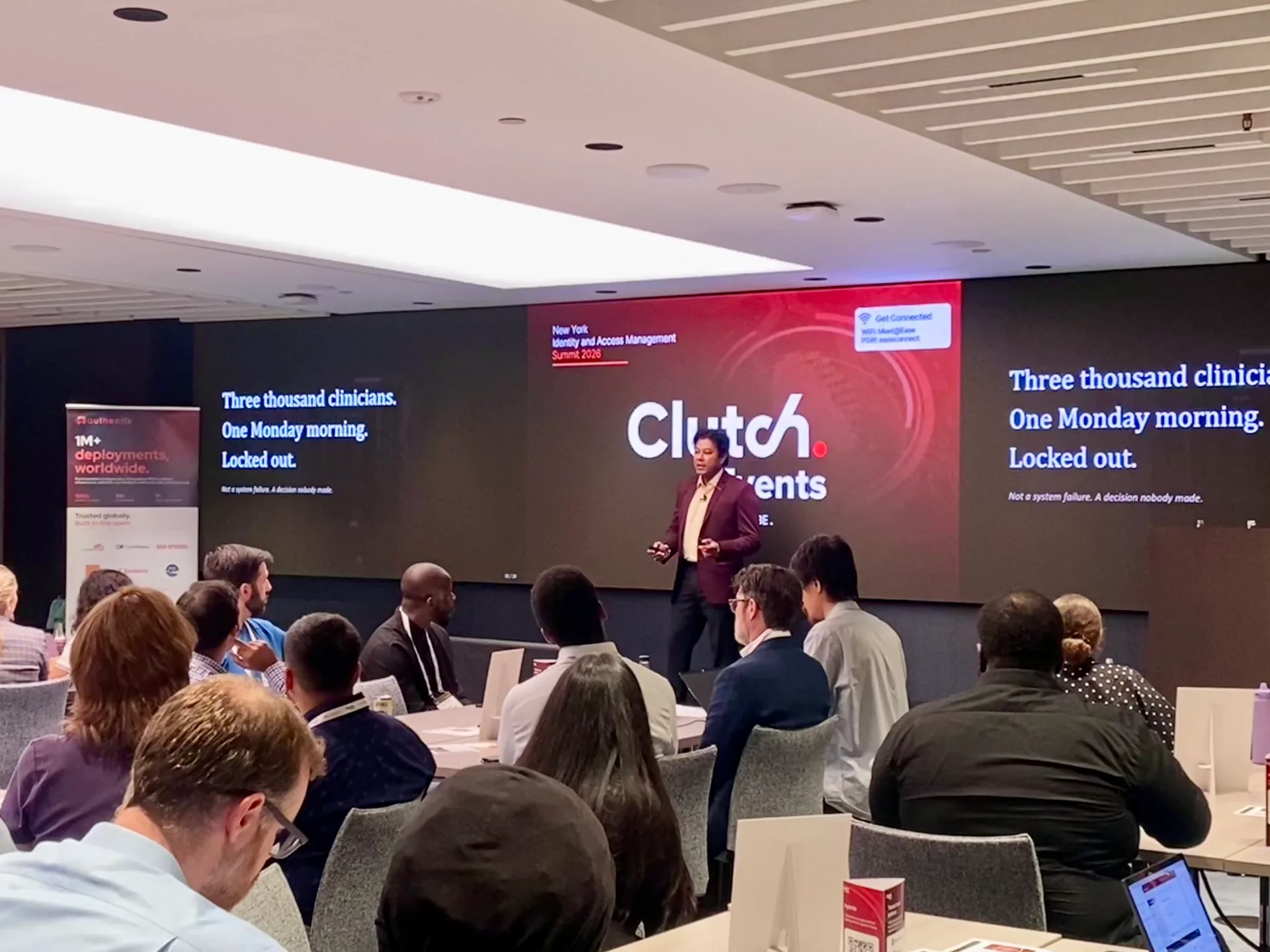 Riddhi Mohan Sharma delivering keynote speech "When Login Failure Is Not an Option: Three Pre-Close Identity Architecture Decisions That Determine M&A Outcomes” introducing the Identity-First Resilience Model to 200+ IAM leaders, CISOs, and practitioners at the New York Identity, Authentication & Access Management Summit, July 2026.