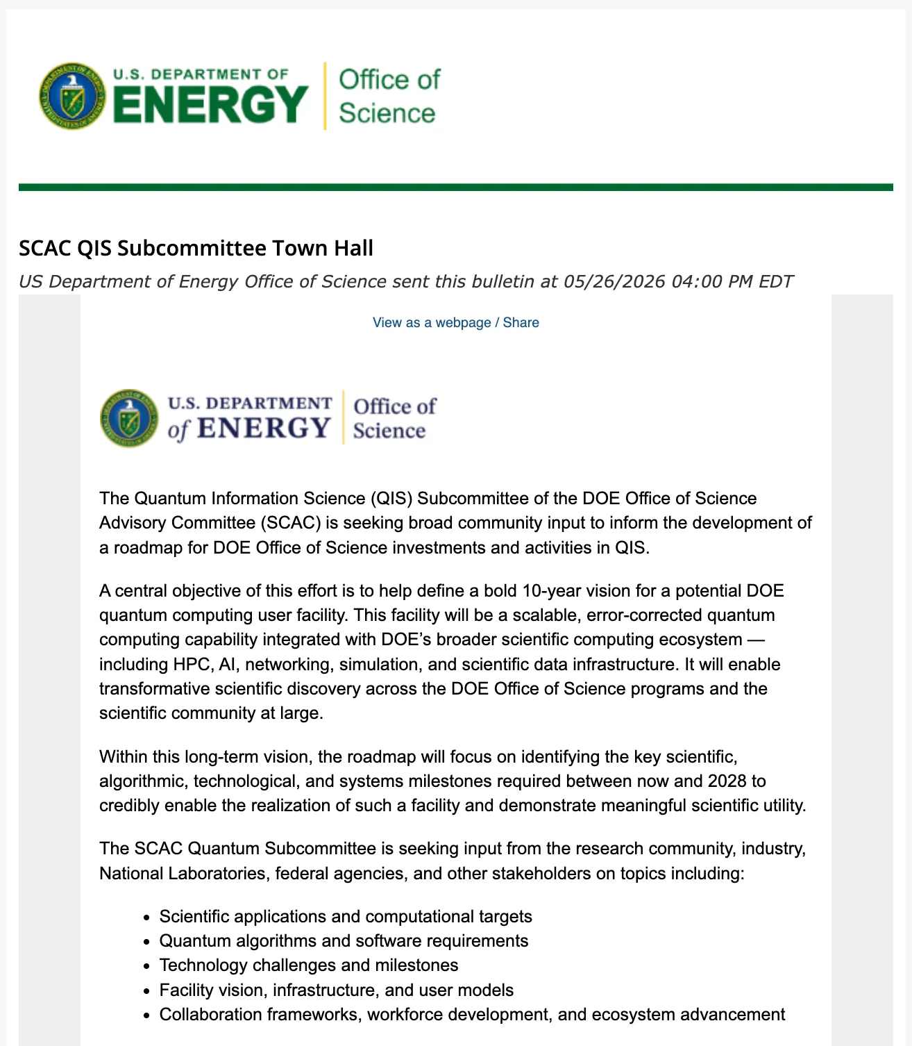 Public Brief: US Department of Energy's Office of Science SCAC Quantum Subcommittee Town Hall 2026.